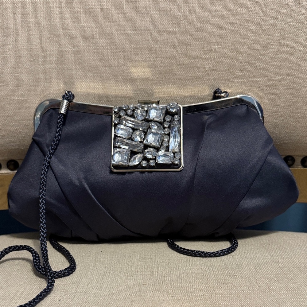 Kate Landry Navy Blue Satin Clutch/Shoulder Bag